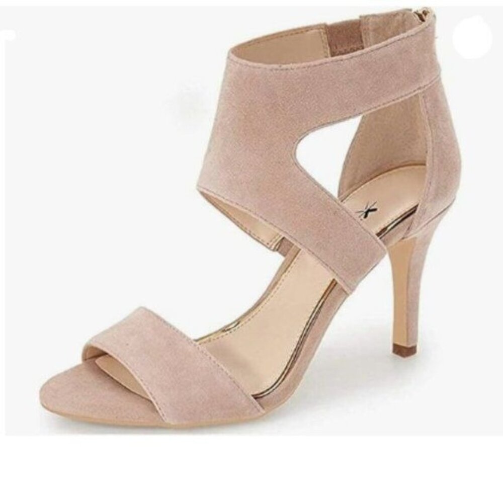 XYD Nude Open Toe Ankle Wrap Back Zipper Mid Kitten Heels Cutout Strappy Shoes